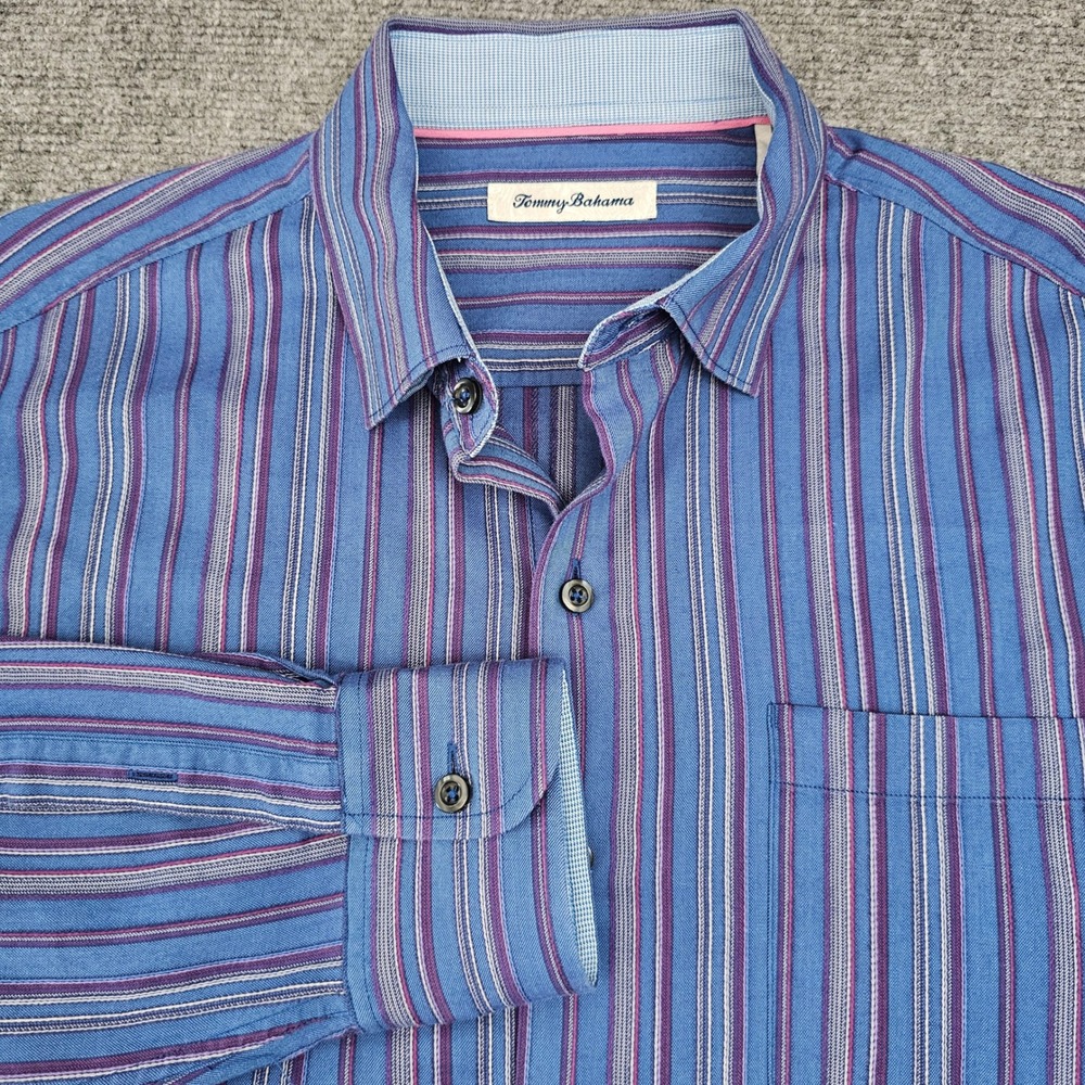 Tommy Bahama Button Down Shirt Mens Medium Blue Striped Cotton Silk Long Sleeve